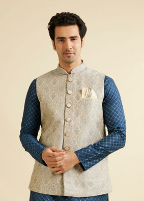 alt message - Manyavar Men Dark Grey Medallion Patterned Nehru Jacket image number 0